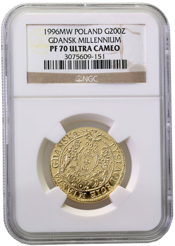 III RP. 200 złotych 1996 Tysiąclecie Miasta Gdańska NGC PF70 ULTRA CAMEO (MAX)